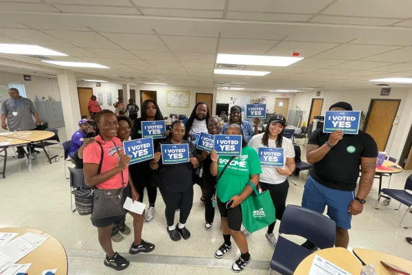 AFSCME Local 44 members celebrate after voting for their new union contract