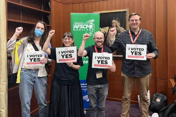 Group photo of Pratt Workers United members after a successful ratification vote