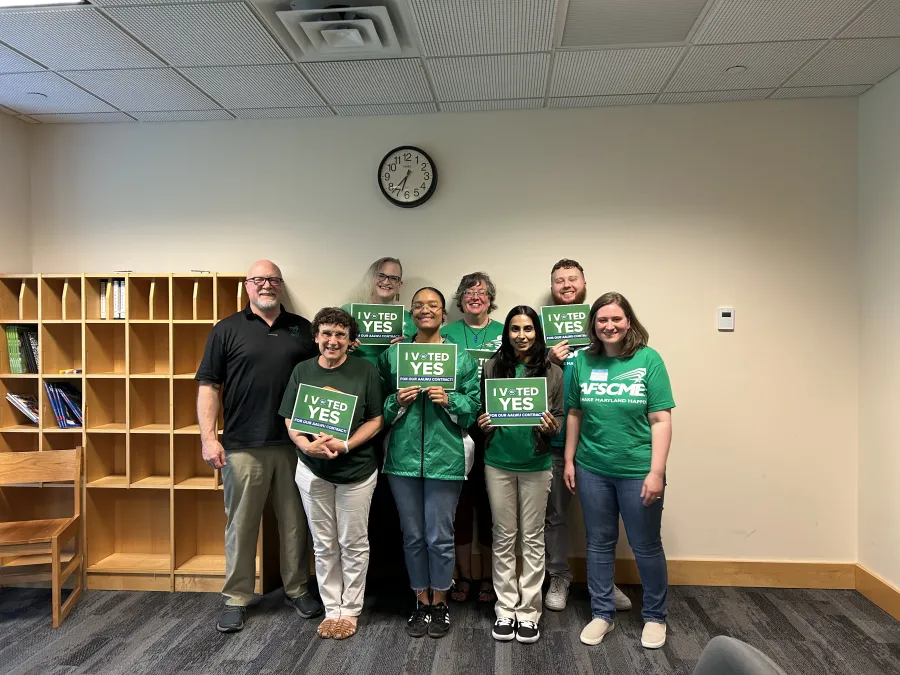 Members of AALWU celebrating their contract ratification along with AFSCME Maryland President Patrick Moran