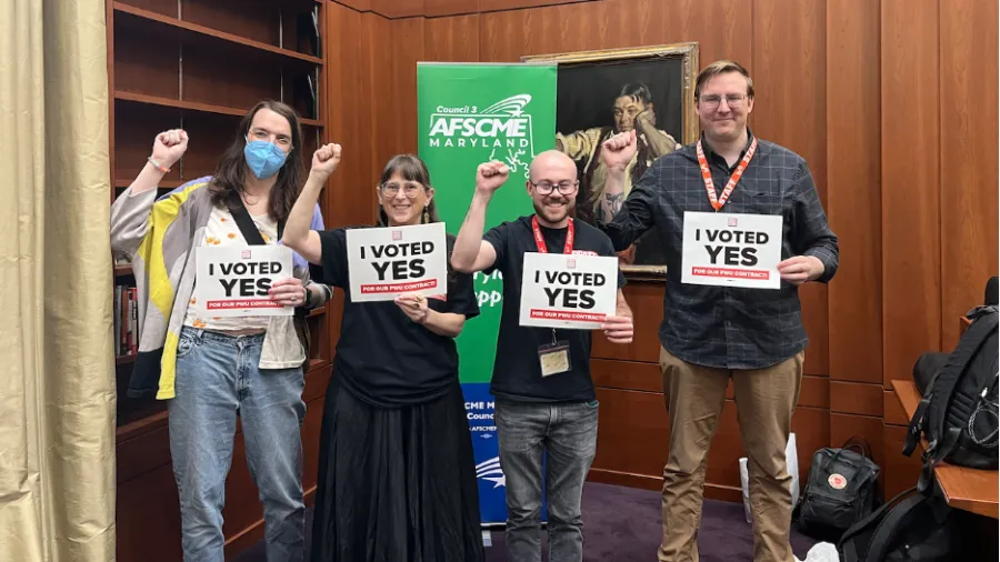 Group photo of Pratt Workers United members after a successful ratification vote
